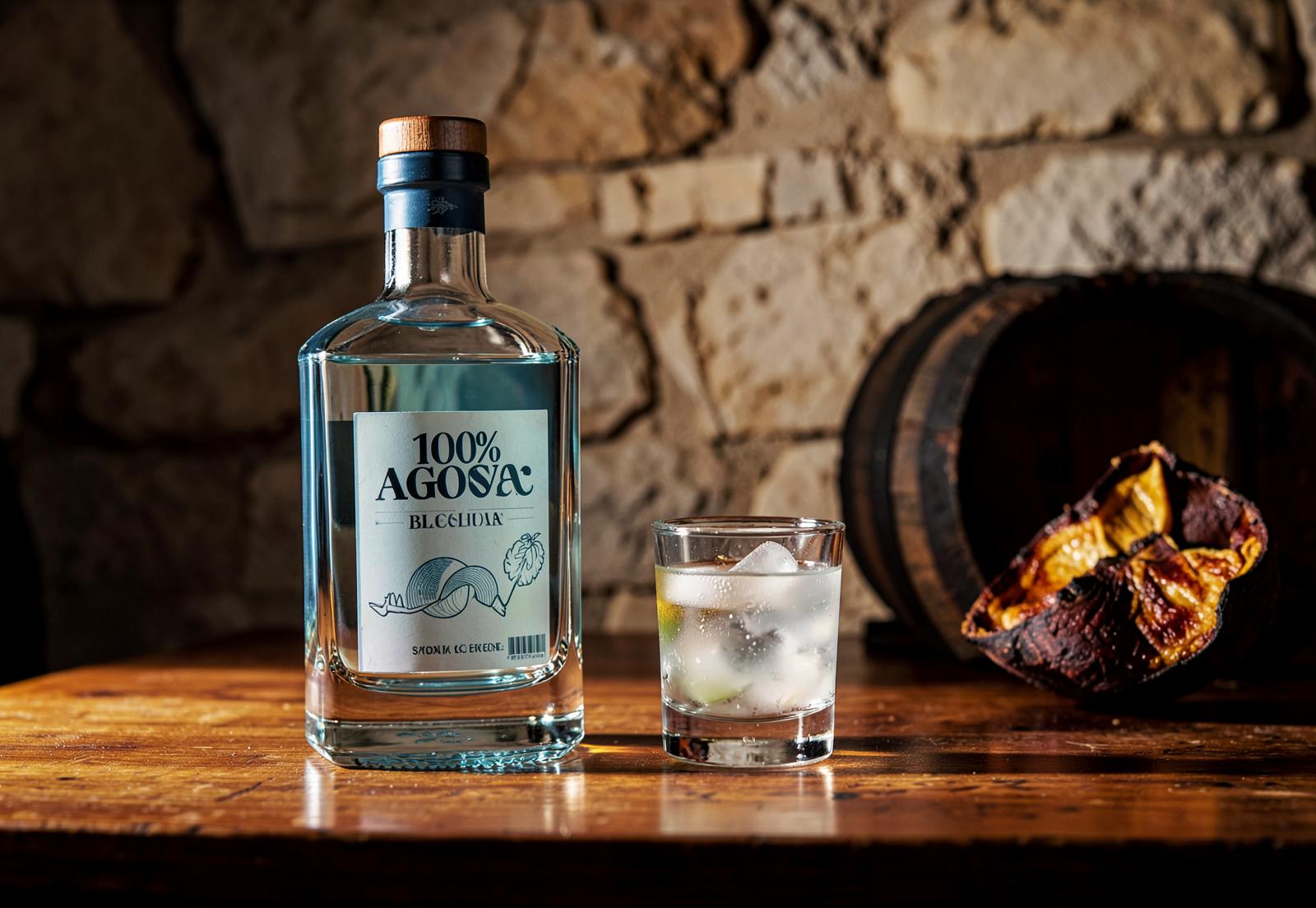 A 100% blue agave spirit bottle beside a rocks glass, a bourbon barrel and roasted agave on a wooden bar